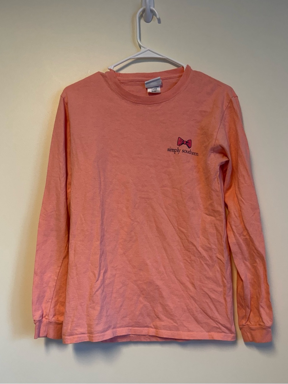 Simply Southern Coral Pink Long Sleeve Tee with Bow Logo